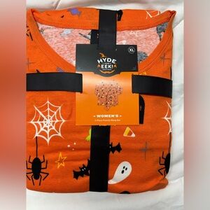 Hyde & Eek Womens Pajama's XL Orange Black Halloween Cats Bats 2 Pc. PJ Set New